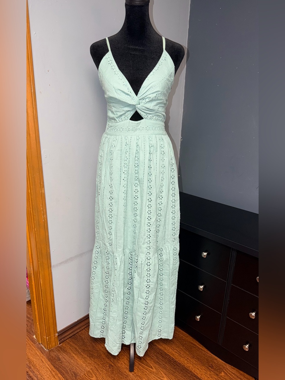 Angie Mint Eyelet Maxi Dress with Twist Front